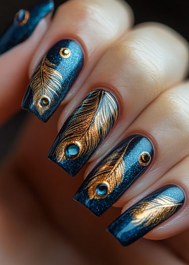 Luxurious blue and gold nail art featuring intricate feather designs and sparkling rhinestones.