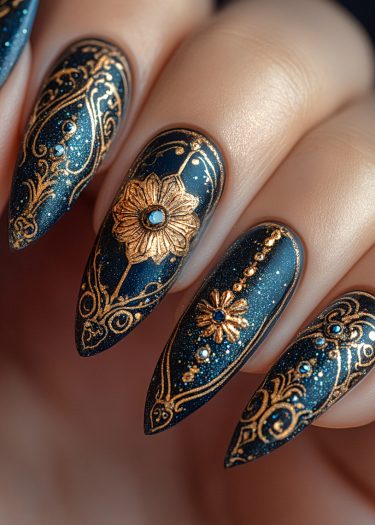 Elegant almond-shaped nails with dark blue base and ornate gold designs, featuring floral motifs.