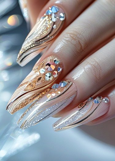 Exquisite stiletto nail art featuring glitter and rhinestones in luxurious nude shades.