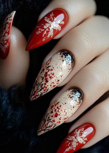 Elegant red and gold festive nail art design with intricate patterns and glitter.