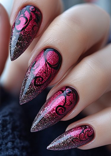 Elegant stiletto nails with pink gradient and glitter, featuring intricate black swirls.