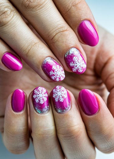 Vibrant magenta nail art featuring delicate white snowflakes for a festive winter look.