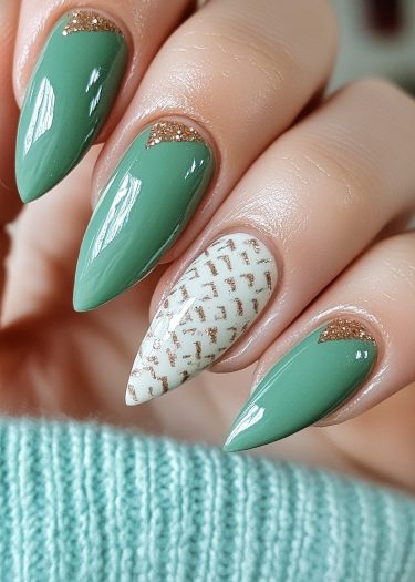 Elegant green and gold manicure featuring artistic nail designs and a cozy knitted background.