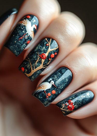 Stunning dark blue manicure featuring elegant cranes, golden branches, and vibrant red flowers.