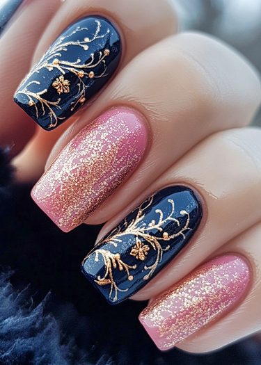 Elegant navy blue and pink nail art design with gold floral accents and glitter.