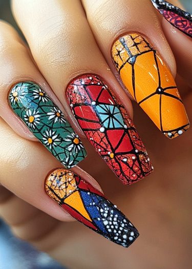 Stunning stained glass nail art featuring vibrant colors and intricate geometric designs.