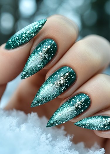 Elegant winter manicure featuring emerald green nails with snowflake designs and glitter accents.