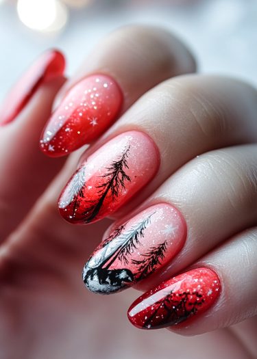 Gradient nail art featuring stylish silhouettes of pine trees and shimmering snowflakes.