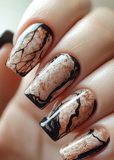 Elegant metallic gold and black crackle nails with a glossy finish for a chic manicure.