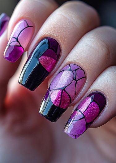 Exquisite stained glass nail art design in pink, purple, and black with high gloss finish.