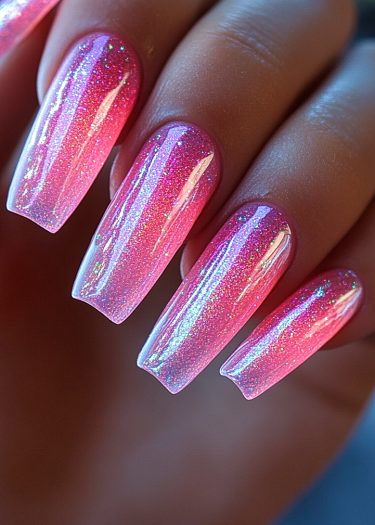 Elegant pink coffin nails with glitter and ombre design, showcasing stunning nail art.