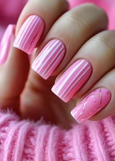 Elegant pink manicured nails with stripes and glitter on a cozy pink background.