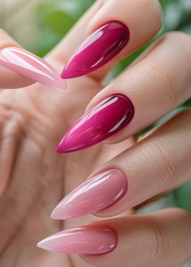 Elegant stiletto nails in pink gradient showcase sophisticated nail art and flawless manicure.