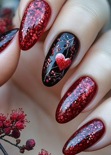 Exquisite red glitter nails with cherry blossom design and heart, showcasing elegance and romance.