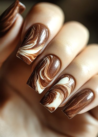 Elegant marbled brown and white nails with intricate design and glossy finish.