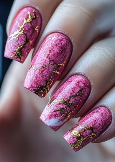 Intricate marbled pink and gold nail art with glossy finish and elegant design.