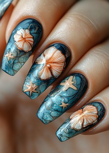 Exquisite teal ocean-themed nail art with 3D seashells and starfish design.