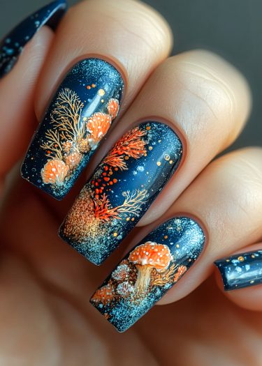 Intricate underwater-themed nail art featuring vibrant colors and aquatic designs on a navy base.