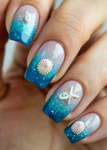 Beautiful marine-themed manicure with gradient ocean colors, glitter, shells, and starfish embellishments.