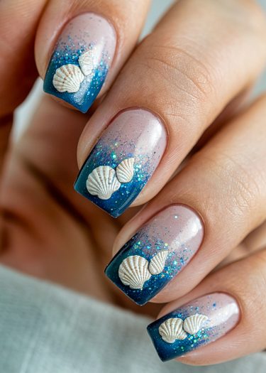 Elegant marine nail art with gradient blue and pink design, adorned with seashell embellishments.