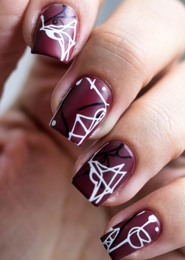 Burgundy geometric nail art design with matte finish and intricate white patterns on elegant nails.