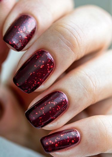 Elegant burgundy manicure with glitter, showcasing modern nail art for fashion and beauty enthusiasts.