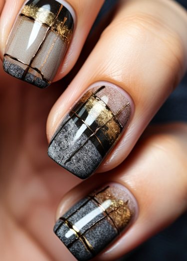 Elegant matte black and gold checkered nail art with gradient effect for modern manicures.