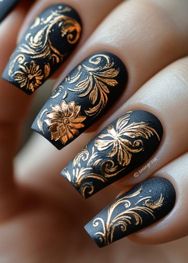 Elegant matte black nails with intricate gold floral designs showcase sophisticated nail art.