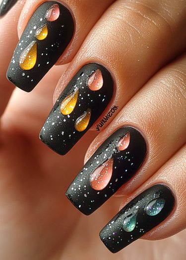 Ethereal matte black nail art with vibrant teardrop designs and cosmic elements.