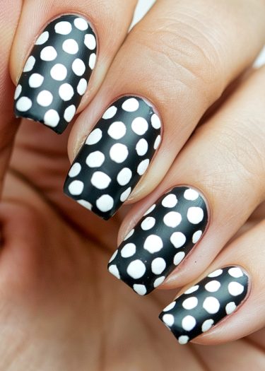 Trendy matte black nails with white polka dots for a chic, modern look.