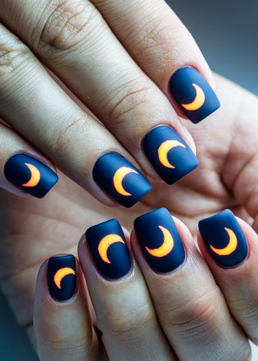 Elegant matte navy-blue nails featuring glowing orange crescent moons for a celestial look.