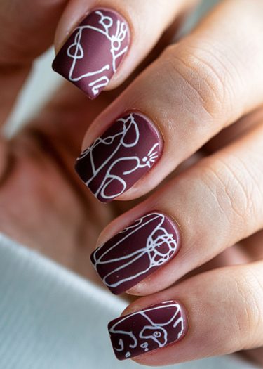 Elegant matte burgundy nail art with intricate white line designs for a modern manicure look.