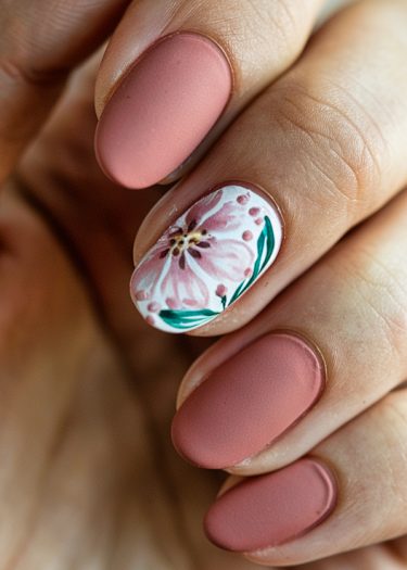 Elegant matte dusty pink nails with floral art design on ring finger.