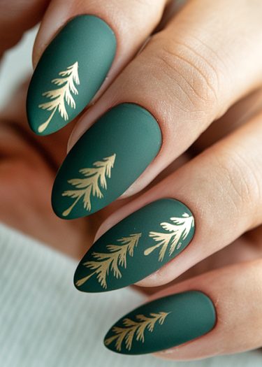 Elegant matte forest green nails adorned with gold leaf designs for a chic manicure.