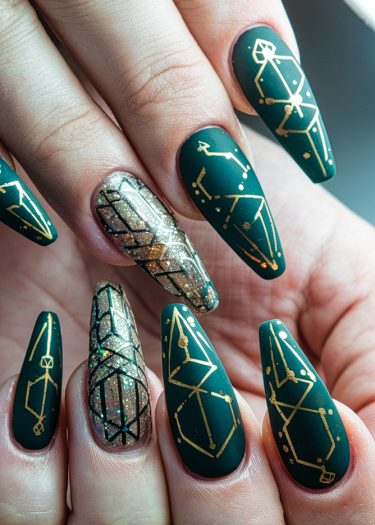 Elegant matte green and gold geometric nail art design on almond-shaped nails.