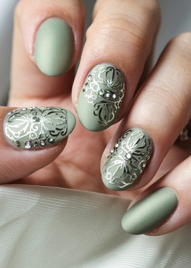 Elegant sage green nail art featuring intricate floral designs and sparkling rhinestones.