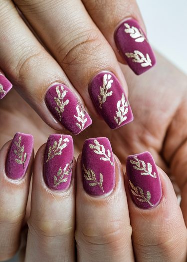 Elegant mauve nails adorned with gold foil designs, showcasing luxurious nail art sophistication.