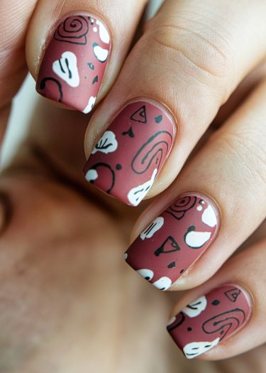 Matte dark rose nail art with unique abstract designs in white and black.