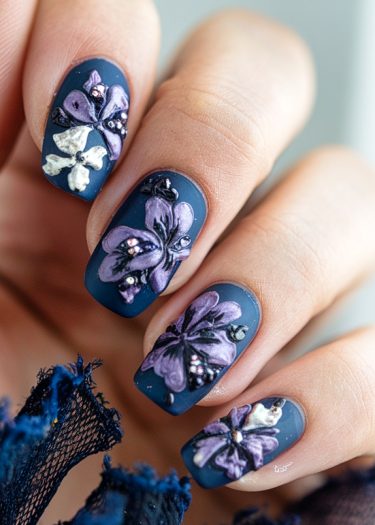 Elegant matte navy blue nails adorned with intricate lavender and white floral designs.