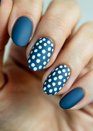 Chic matte navy nails with playful white polka dots for a stylish manicure look.