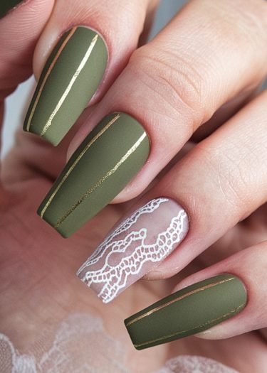 Elegant matte olive green nails with gold stripes and intricate lace design for a chic look.