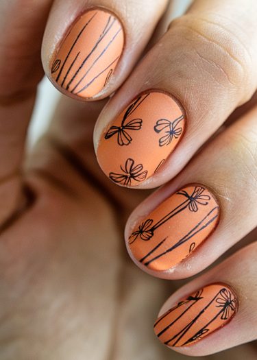 Elegant matte orange floral nail art with intricate black line designs for a modern look.