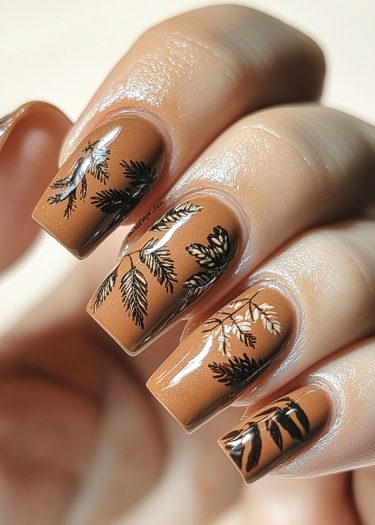 Elegant matte terra cotta nails with intricate black botanical designs and subtle white accents.