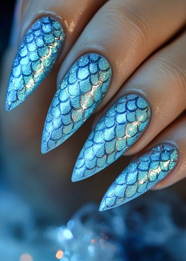 Detailed mermaid-scale nail art in shimmering blue and turquoise stiletto design.