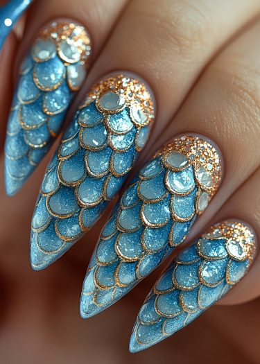 Mermaid scale nail art features shimmering blue designs with gold accents and glitter for elegance.