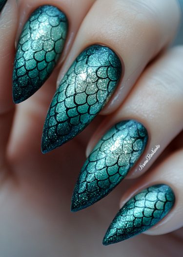 Vibrant mermaid scale nails with shimmering teal and green gradient design for a stunning aquatic look.