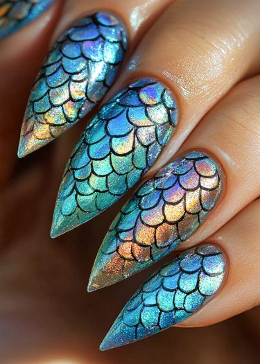 Stunning mermaid scale nails feature holographic colors in a striking stiletto design.