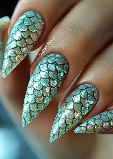 Stunning mermaid tail nail art in stiletto shape with shimmering aqua and gold scales.