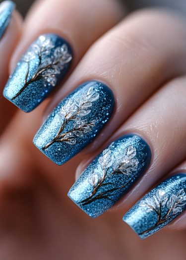 Intricate metallic blue nail art featuring gold branches and frosty leaves for a wintery look.