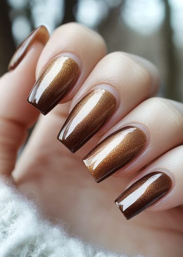 Elegant metallic bronze nails with a glossy finish, showcasing a stunning gradient effect.